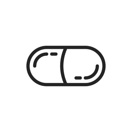 Painkiller or antibiotics isolated capsule outline icon. Vector medical drug or pill, pharmaceutical encapsulated vitamin, chemical remedy. Line art pharmacy object, dental tablet symbolのイラスト素材