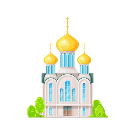 Church with domes, chapel and crosses isolated Orthodox cathedral. Vector temple of Christ, place of worship. Facade of chapel with cross, holy traditional cartoon church with trees, basilica monumentのイラスト素材