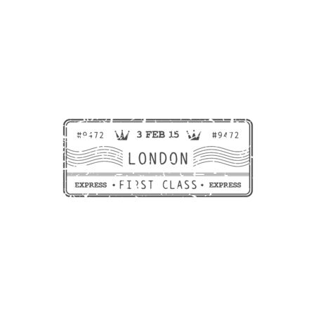 Air mail of UK, royal post isolated London stamp with express first class delivery sign. Vector grunge icon, postmark. Postal correspondence transportation, rubber ink of parcels control, vintage sealのイラスト素材