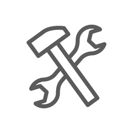 Car repair tools isolated wrench and hammer. Vector vehicle maintenance service emblem, garage instruments. Technician toolkit, home restore or house design work tools. Mechanic on duty, machine fixのイラスト素材