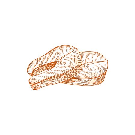 Salmon piece of red fish isolated food sketch. Vector marine seafood, fish steak filletのイラスト素材