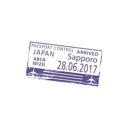 Sapporo airport passport control in Japan isolated visa stamp. Vector arrived sign, plane and dateのイラスト素材