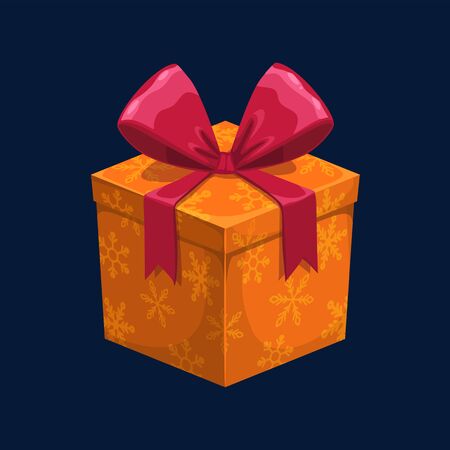 Orange square gift box with snowflakes isolated. Vector 3D Christmas present with pink bowのイラスト素材