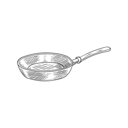 Frypan or frying pan isolated cooking utensil sketch. Vector monochrome shallow frypan with long handleのイラスト素材