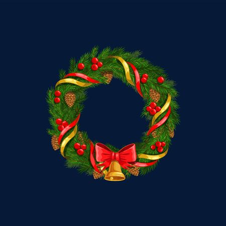 Christmas wreath of holly plant, berries and bow. Vector Xmas decor, festive greenery with cones and bellのイラスト素材