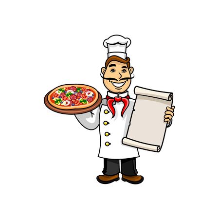 Chef of Italian restaurant isolated man with pizza and menu.のイラスト素材