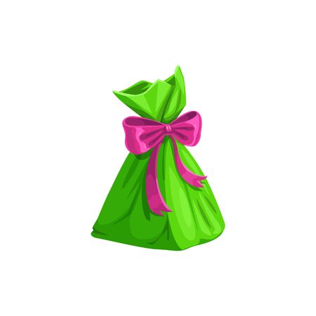 Glossy gift in green wrapping paper with purple bow isolated. Vector surprise or sweet candyのイラスト素材