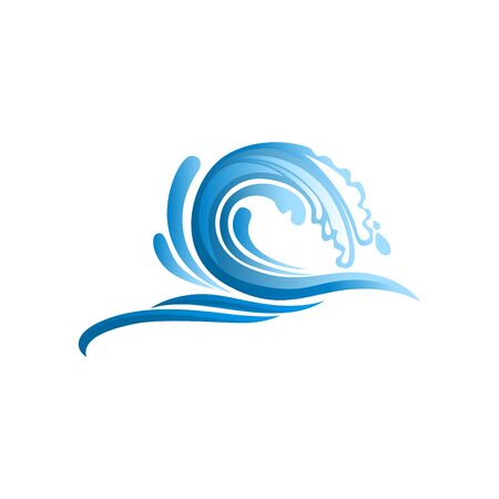 Navy blue ocean wave vector illustration. Abstract sea wave, water splash, tide cartoon sticker. Clean saltwater swirl, curl. Tropical resort logotype design element. Surfing logo ideaのイラスト素材