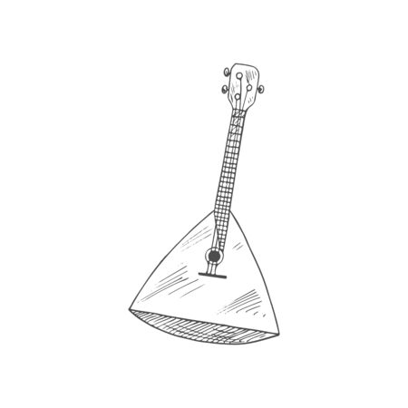 Balalaika folk music guitar isolated. Vector monochrome triangular wooden musical instrument, russian folkのイラスト素材