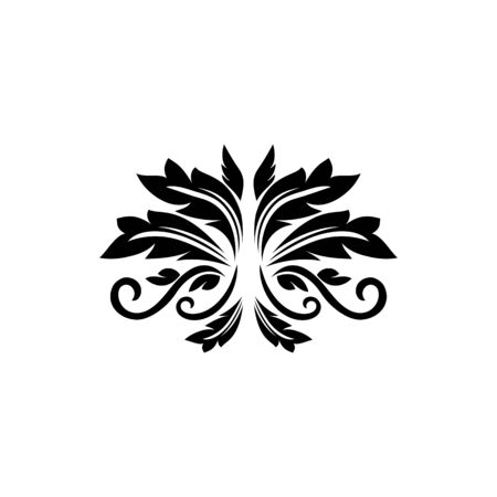 Floral scroll vector silhouette illustration. Black ink decorative filigree flower. Flourish calligraphic heraldic clipart. Baroque acanthus drawing. Invitation vintage isolated decorationのイラスト素材