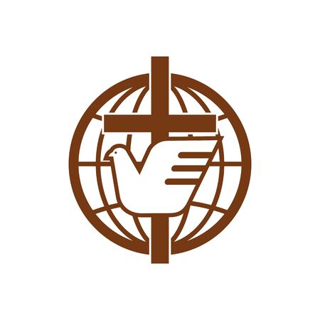 Globe, holy spirit bird and cross isolated religion symbol. Vector dove and crucifix, earth iconのイラスト素材