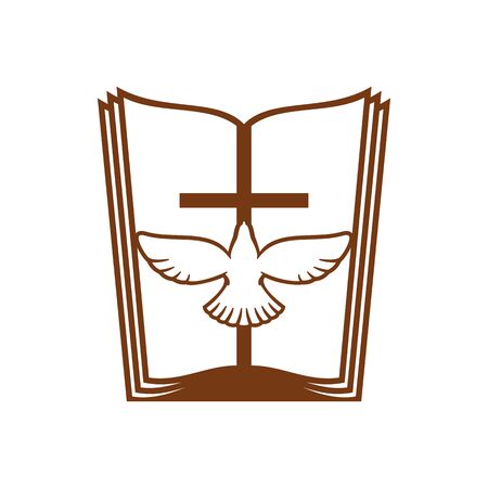 Open bible, cross and holy dove bird isolated. Vector religion symbols, gospel and crucifixのイラスト素材