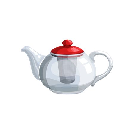 Glass teapot with metal net to brew tea and red cap isolated kitchenware icon. Vector transparent kettle brewing green, black or herbal tea. Empty glossy tea pot, teatime dishware with infuser filterのイラスト素材