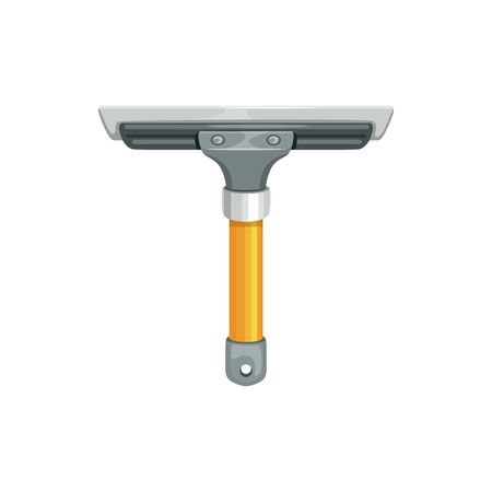Squeegee scraping implement with rubber-edge blade isolated windows cleaning tool. Vector wiper to clean mirrors, scraper with yellow handle, brush with mop to remove dust from glass surfaceのイラスト素材