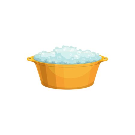 Plastic basin with soap bubbles and suds isolated. Vector bowl with soapy water, symbol of laundry, cleaning and washing. Realistic washbowl plastic tube with froth, bathing container with shampooのイラスト素材