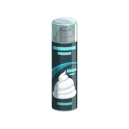 Shaving gel foam isolated bottle mockup. Vector cosmetic aerosol spray with cream swirl, grooming lather with dispenser and cap. Man hygiene product, body treatment lotion, face skin care packageのイラスト素材