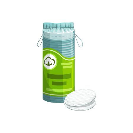Package with cotton pads isolated hygiene sponges. Vector mockup of round soft cosmetic swabs, toiletry absorbent disks. Health care products, wadding circles in box or bag packaging in green, blueのイラスト素材