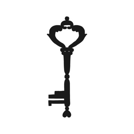 Vintage forged key with ornaments isolated silhouette. Vector retro brass key to close and open doorのイラスト素材