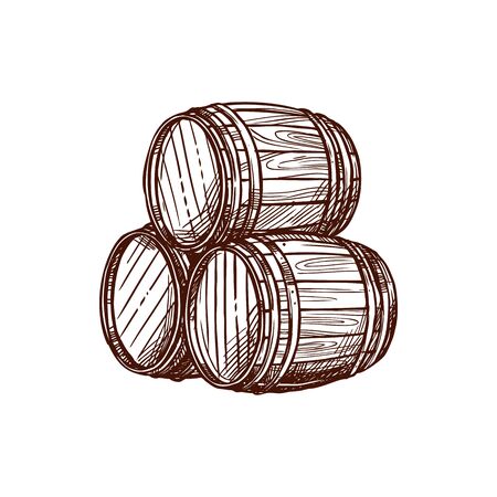 Wooden cask with alcohol drink isolated oak tanks sketch. Vector three containers with rum, beer or wine. Wood barrels, heap of kegs with whiskey or winery product. Cylinder barrels in cellarのイラスト素材