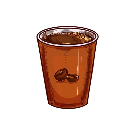 Coffee cup with two beans isolated sketch. Vector disposable coffee cup with brown liquid. Takeaway drink in plastic glass, hand drawn takeout beverage. Americano or espresso in portable glassのイラスト素材