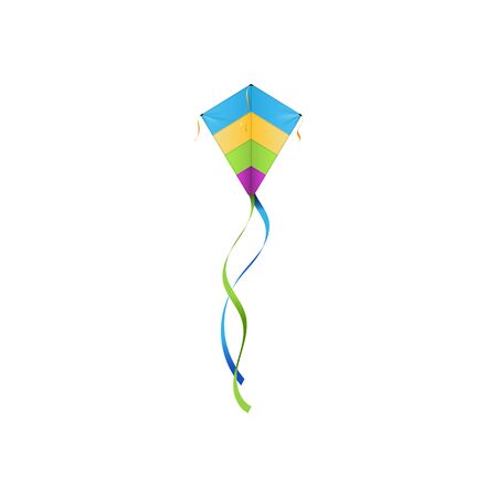 Flying kite-balloon of delta shape isolated rainbow color kids toy. Uttarayan International Kites Festival symbol. Vector kite in sky, outdoor summer activity object with long strings at endsのイラスト素材