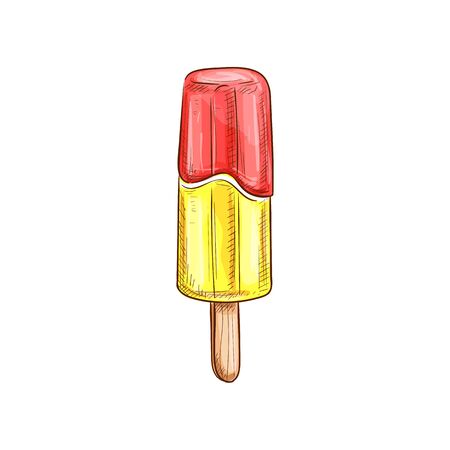 Summer ice cream frozen juice on stick isolated hand drawn sketch. Vector cold dessert, strawberry and banana taste icecream, refreshing sundae. Homemade fruity lolly, tasty pop of cream or yogurtのイラスト素材