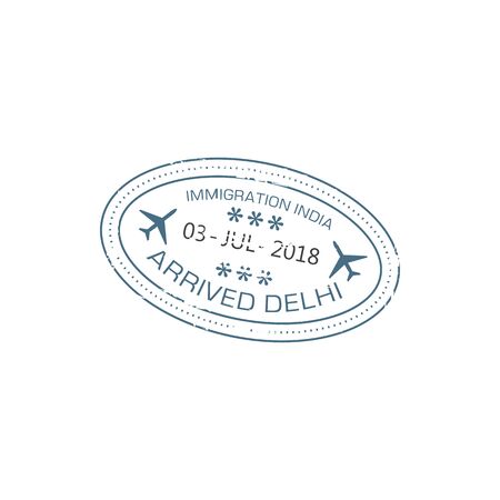 Arrived to Delhi oval stamp in passport isolated grunge seal with date and planes sign, international airport of India country border control stamp. Asian destination visa, postal mark Delhi locationのイラスト素材