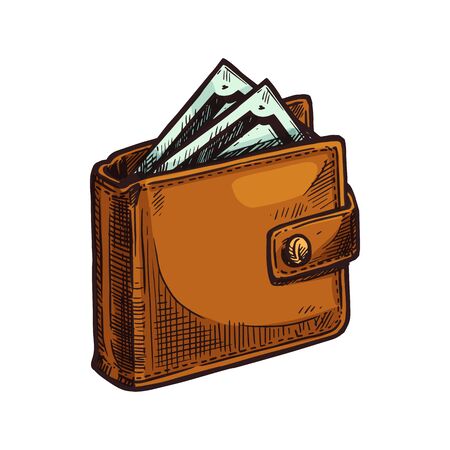 Brown wallet with green paper money isolated sketch. Vector purse with dollar banknotes, cash and online payment icon. Leather wallet, currency and payment, pocket pouch with finance symbolsのイラスト素材