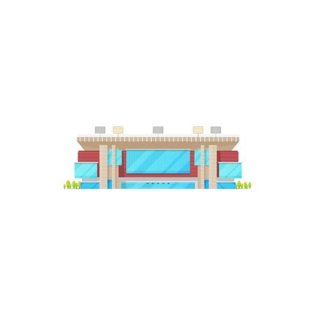 Stadium building, sport complex with lights and glass facade isolated vector icon. Football arena architecture exterior with columns, spotlights and green trees aroundのイラスト素材
