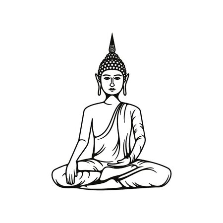 Buddha meditation isolated vector icon, Buddhism religious symbol, Buddhist Hinduism Dharma religion, Buddha statue in lotus posture outline monochrome illustrationのイラスト素材