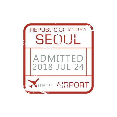 Seoul admitted stamp, airport border control of Korea Republic. Vector immigration sign, rubber ink stamp with data, label with airplane. Arrived to Korea, asia destination, air post grunge markのイラスト素材
