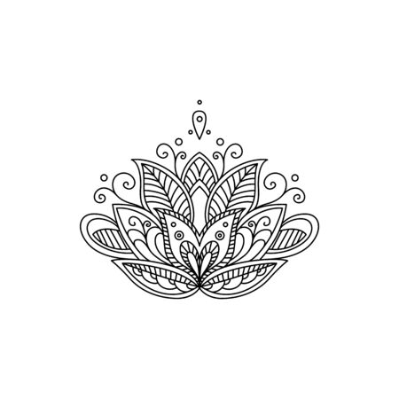 Floral ornament ink outline vector illustration. Fantasy abstract blooming isolated contour design element. Folk flower motif black clipart on white background. Fairytale blossom coloring book drawingのイラスト素材