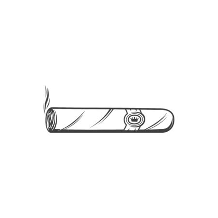 Cigar with smoke isolated monochrome icon. Vector tobacco product, cuban cigarette symbolのイラスト素材