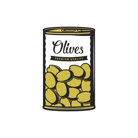 Canned olives in metal pack isolated marinated preserved food. Vector green olive fruits in tinのイラスト素材
