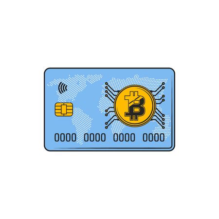 Plastic credit card with bitcoin symbol isolated. Vector banking symbol with chip-cardのイラスト素材