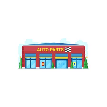 Auto parts shop, vector flat building. Car parts store entrance and showcaseのイラスト素材