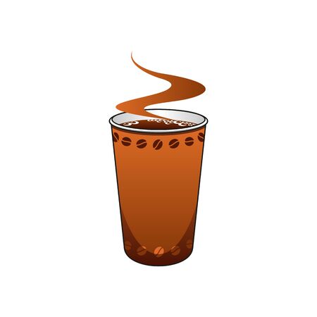 Hot coffee in disposable plastic or paper cup with beans isolated. Vector refreshing drink in glass with coverのイラスト素材