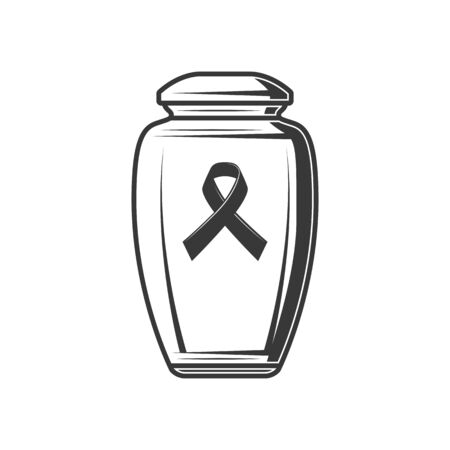 Urn with ash and black ribbon symbol of sorrow isolated. Vector monochrome funerary vase with human dustのイラスト素材