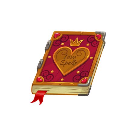 Love diary book, Valentine day and wedding RSVP party symbol. Vector isolated love spells book with heart, golden crown and bookmarkのイラスト素材
