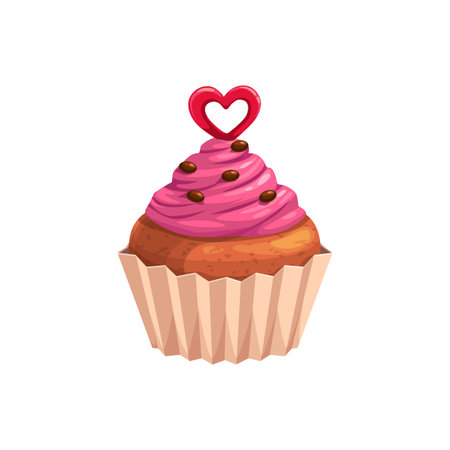 Cupcake with heart, Valentine day and wedding party symbol. Vector muffin cupcake with pink mousse...