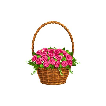 Flowers in wicker, Valentine day and wedding RSVP party symbol. Vector isolated pink roses and lily flowers bunch in wicker basket with handleのイラスト素材