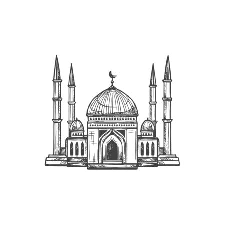 Muslim mosque with minarets and domes isolated holy building. Vector place of worship topped by crescent moonのイラスト素材