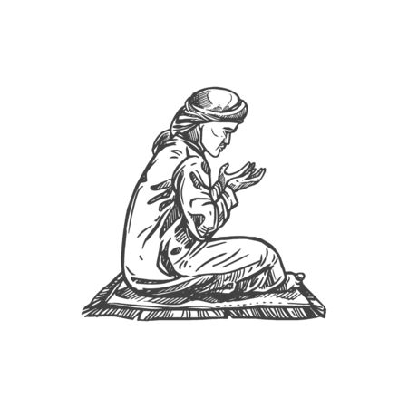 Man in hijab praying on carpet isolated muslim prayer sketch.のイラスト素材