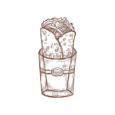 Burrito fajita isolated filled tortilla. Vector monochrome sketch of kebab fast food snackのイラスト素材