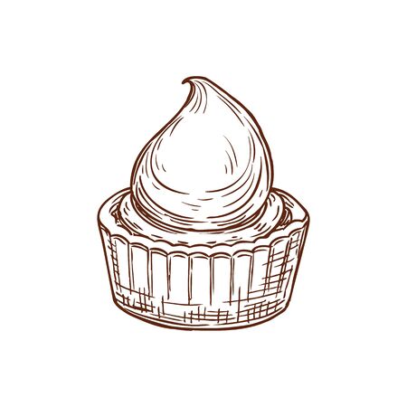Cupcake with whipped cream isolated monochrome sketch. Vector muffin, sweet dessert bakery food,のイラスト素材