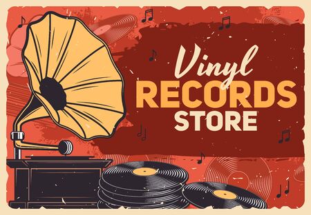 Music store, gramophone vinyl records and retro music shop vector grunge poster. Vintage vinyl record LP disks, gramophone and phonograph playing equipment and music notesのイラスト素材