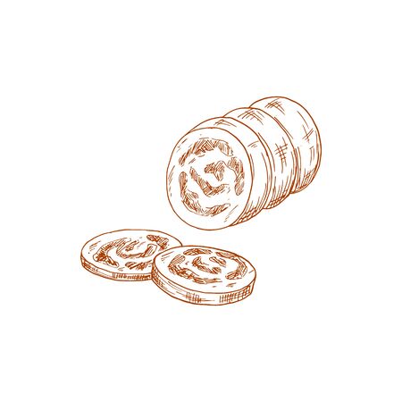 Homemade sausage of beef, pork, mutton or veal isolated sketch. Vector cut salami, butchery meat foodのイラスト素材