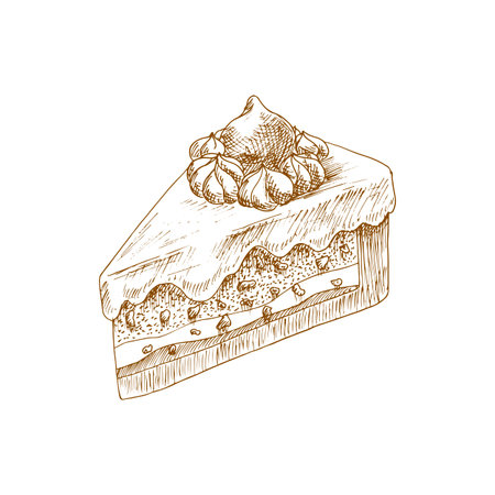 Homemade biscuit piece of cake with creamy swirl isolated sketch. Vector pie dessert
