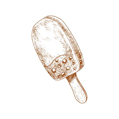 Eskimo ice cream in chocolate glaze isolated sketch. Vector vanilla creamy ice cream on stickのイラスト素材