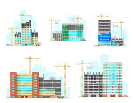 Buildings construction site, vector flat icons. Unfinished house and skyscrapers under construction process. City commercial and residential real estate building industry, cranes and cement trucksのイラスト素材